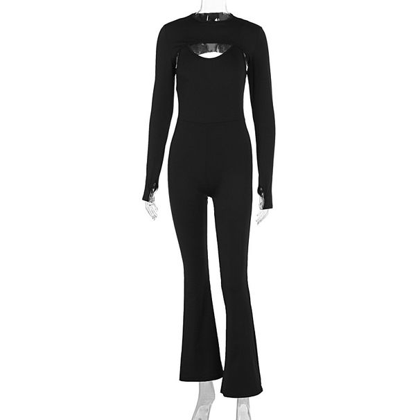 Women Fashion Two Piece Set Solid Color Long Sleeve Top And Bodycon Hip Lifting Strappy Jumpsuit Dress Outfit_ecoleips.com