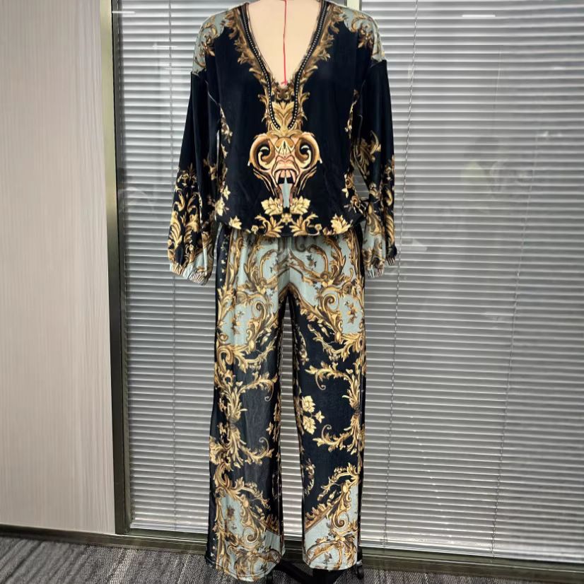 Vintage V-Neck Floral Print Velvet Lounge Set For Women - Spring Vacation Style Two-Piece Outfit (XS-XXL)_ecoleips.com