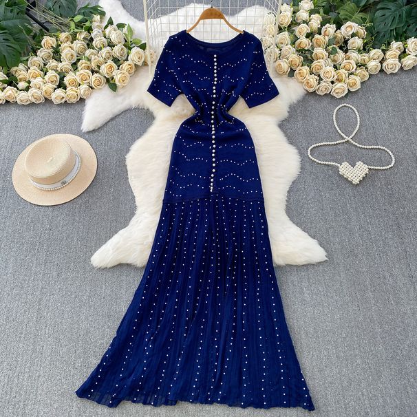 Women's European American Style High-End Light Luxury Beaded round Neck Dress Elegant Drape Knitted Patchwork Pleated Long Skirt for Summer_ecoleips.com