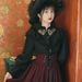 French European Court Sleeve Lace Shirt Striped Long Dress Two-Piece Set Dark Style_ecoleips.com
