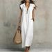 Women's Clothing Summer Casual Long Dress For Women V Neck Ruffled Solid Color Loose Fit With Pockets New European American Style_ecoleips.com
