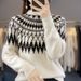 Women's Chunky Knit Sweater Oversized High-Neck Pullover With Geometric Jacquard Contrast Color Blocking Soft Acrylic-Polyester Blend For Fall/Winter_ecoleips.com
