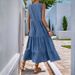 Women's Clothing Pleated Solid Color Stand Collar Sleeveless Dress_ecoleips.com