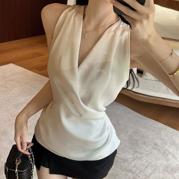 New Style~Elegant And Stylish Irregular Halter Neck V-neck Sleeveless Satin Blouse For Women_ecoleips.com