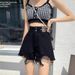 Black Ripped Wide-leg Denim Shorts For Women, Summer New Style, Plus Size, High-waisted A-line Frayed Hot Pants,_ecoleips.com