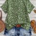 European And American Style Women's V Neck Short Sleeve Top Green Floral Casual Loose Fit Comfortable Summer Wear_ecoleips.com