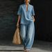 European And American Loose And Casual Denim Suit, Lazy Style V-neck Fashion Casual Wide-leg Jeans For Women_ecoleips.com