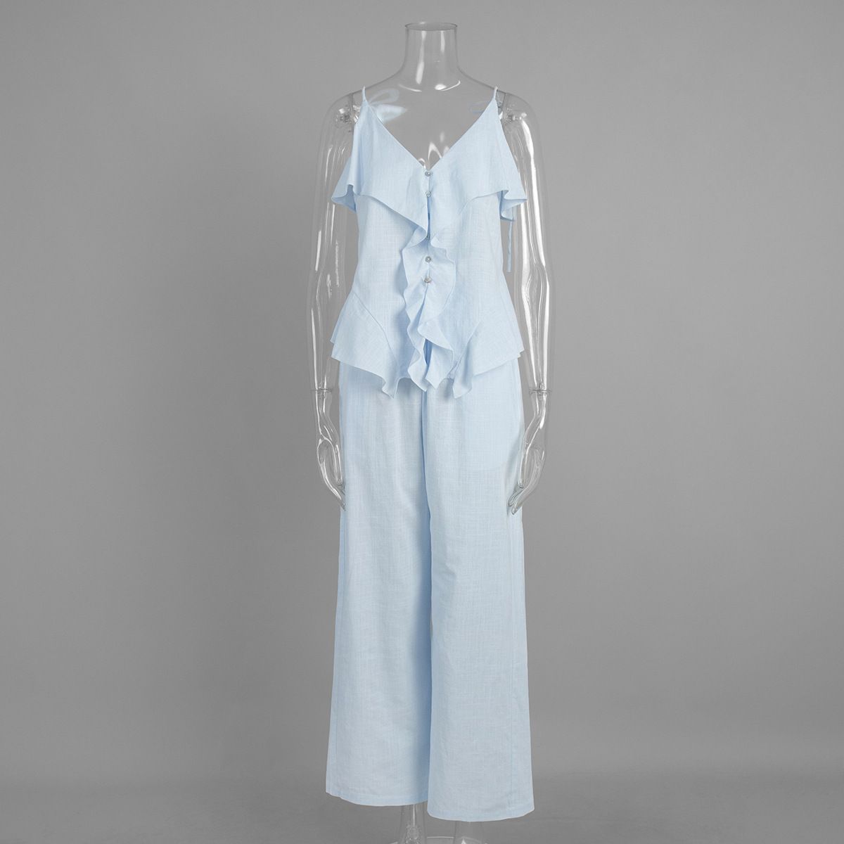 Blue Women's Cotton Suit Ruffled Camisole Top And Casual Wide Leg Pants Spring Summer New Arrival_ecoleips.com