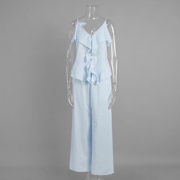 Blue Women's Cotton Suit Ruffled Camisole Top And Casual Wide Leg Pants Spring Summer New Arrival_ecoleips.com