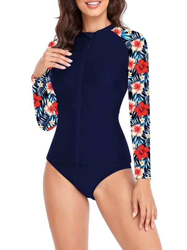 Aria Basics European And American Foreign Trade Two-piece Long-sleeve Zippered Surfing Sun-protective Women's Swimsuit, Hot Spring_ecoleips.com
