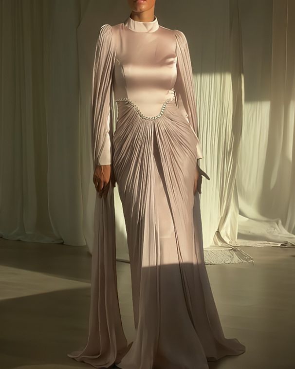 Elegant Long Sleeve Evening Gown With Rhinestone Embellishments For Women – Slim Fit Formal Dress For Weddings & Special Occasions (S-XXL)_ecoleips.com