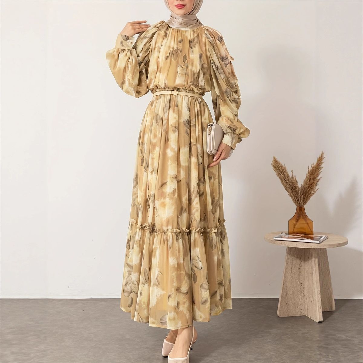 Modest Abaya Dress Elegant Floral Print Long Sleeve Wrap Dress With Waist Tie - Chiffon Maxi Dress For Women_ecoleips.com
