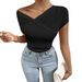 Women's Clothing Spring And Summer Pleated Oblique Collar V Neck Sexy Tops Women's Short Sleeved T Shirt_ecoleips.com