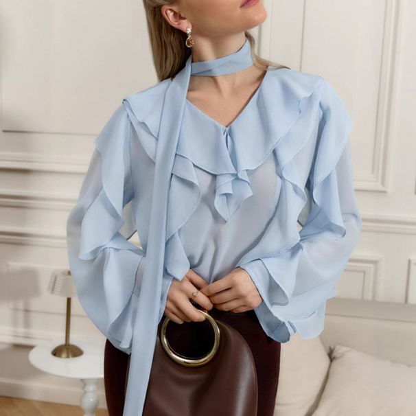 Summer Loose-Fitting Chiffon Blouse With Ruffled Hem, V-Neck Shirt, And Long-Sleeved Women's Dress For Commuting_ecoleips.com