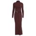 Women Elegant Slim Waist Fitted Dress High Neck Long Sleeve Solid Party Office Casual Daily Dress For Ladies_ecoleips.com