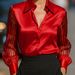 Elegant Satin Long Sleeve Blouse for Women V-Neck Pure Color Office Casual Wear Shirt Black White Navy Red S M L XL_ecoleips.com