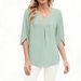 2026 Women's Solid Color V-Neck Slit Three-Quarter Sleeve Chiffon Shirt Loose Commuter Casual Top T_ecoleips.com