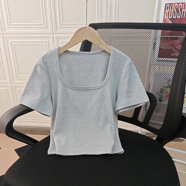Women's Solid Color Ribbed Square Neck Short Sleeve T-Shirt Inner Layer Base Shirt Comfortable Spring Summer Autumn 2025 Style_ecoleips.com