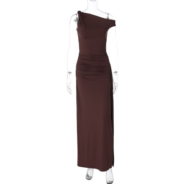 2025 Spring Summer New Fashion Slim Fit Asymmetrical Neck Sleeveless Slit Solid Color Dress For Women Wholesale_ecoleips.com