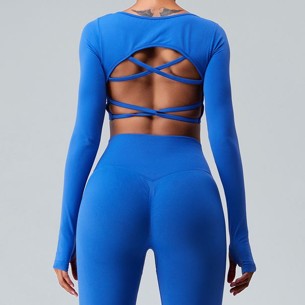 Women's Clothing Autumn New Yoga Clothes Long Sleeves Women Fixed Cup Sexy Cross Back Outdoor Sports Fitness Clothes Tops_ecoleips.com