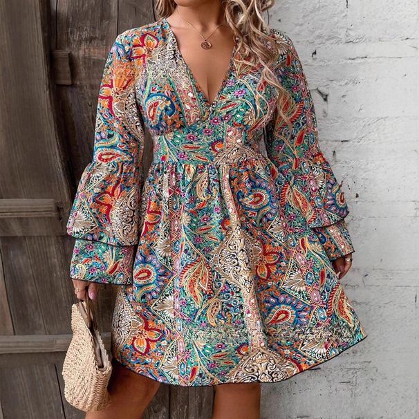 Plus Size Elegant Dress With Paisley Print Flounce Sleeves & Tie Waist Midi Dress For Women_ecoleips.com