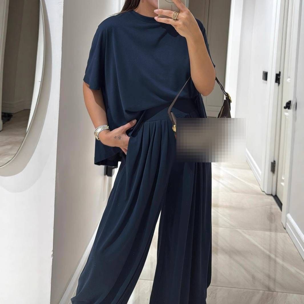 Women's Professional Two Piece Outfit Solid Color Wide Leg Pants Flowy Loose Comfortable Clothing Set Casual Spring/Autumn_ecoleips.com