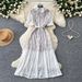 French Romantic Style High-Waisted Pink Lace Dress For Women Elegant A-Line Long Skirt Summer Commute Ready_ecoleips.com