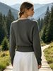 Dark Grey Deep V Wrap Pit Rib Knit Sweater, Loose Lightweight Breathable Soft Skin-touch Long Sleeve Slim Waist Pullover_ecoleips.com