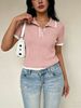 Women Ribbed Knit Polo Short Sleeve Top, Lightweight Breathable Hollow Knit Blouse Loose Fit Soft Skin Friendly Shirt_ecoleips.com