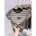 Color-Block Striped Short Sleeve T-Shirt – Structured Shoulder, 100% Cotton & Slim Fit (Women’s Casual & Office Wear)_ecoleips.com