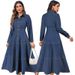 Women's Denim Shirt Dress With Belted Waist, Long Sleeve & Button-Down Collar – Slim Fit Long Maxi Dress For Casual & Streetwear_ecoleips.com