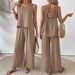 Women's Cotton Linen Two-Piece Set Casual Wide Leg Pants And Hollowed out Back Vest Cross Border European American Style_ecoleips.com