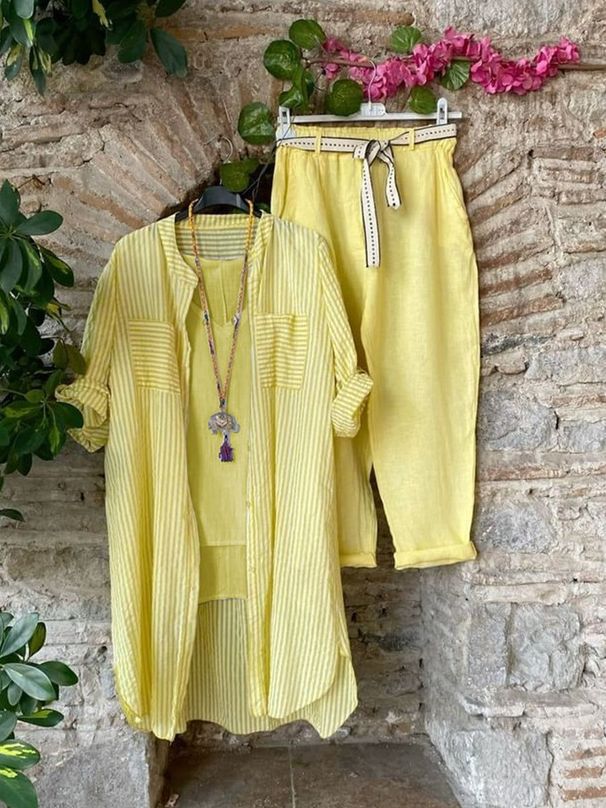 Women's Clothing Vertical Striped Shirt Women's Loose Casual Long Sleeved Mid Length Three Piece Suit In Stock_ecoleips.com