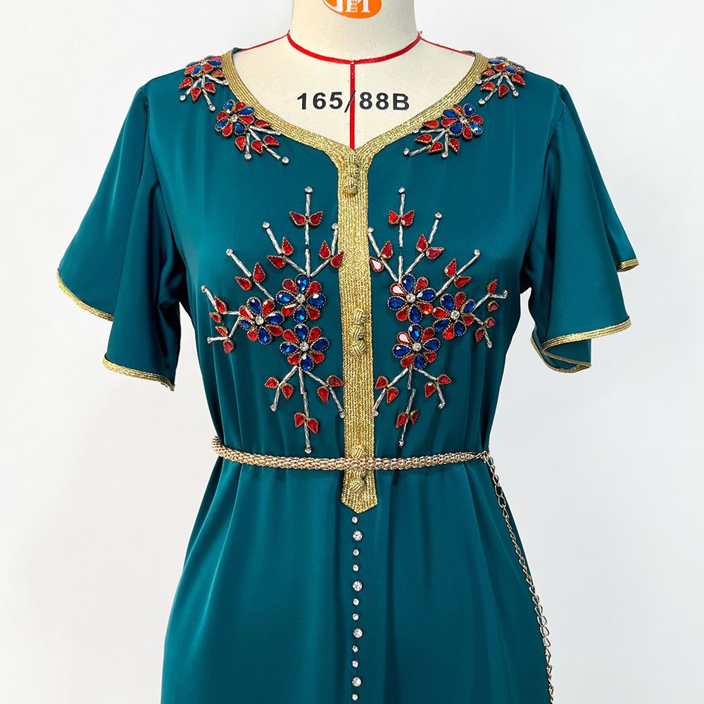 Women's Clothing Hand Sewn Diamond Short Sleeved Dress Travel Party Lady Style Long Dress_ecoleips.com