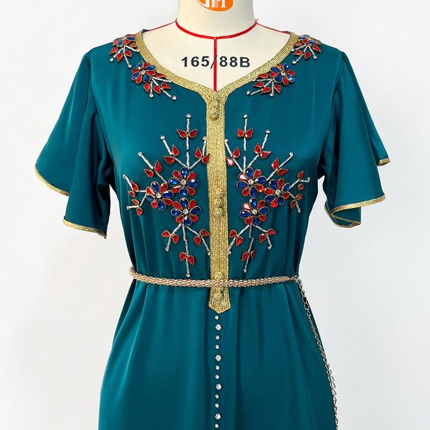 Women's Clothing Hand Sewn Diamond Short Sleeved Dress Travel Party Lady Style Long Dress_ecoleips.com