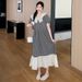 Summer New Korean Fashion Lace Trim Plaid Patchwork V-Neck Maternity Dress_ecoleips.com