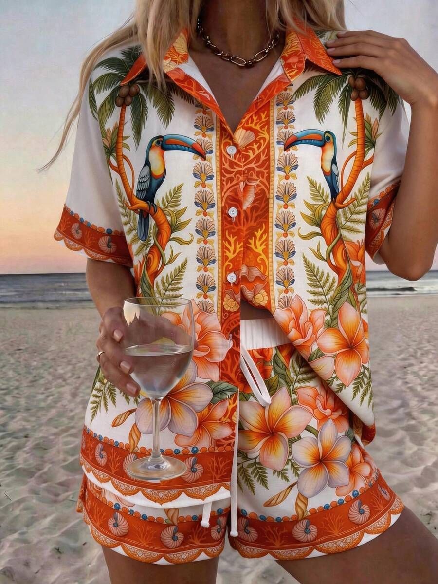 Women's Vacation Style Short Sleeve Shirt & Shorts Set, Floral Print Linen-Look Polyester Outfit For Summer_ecoleips.com