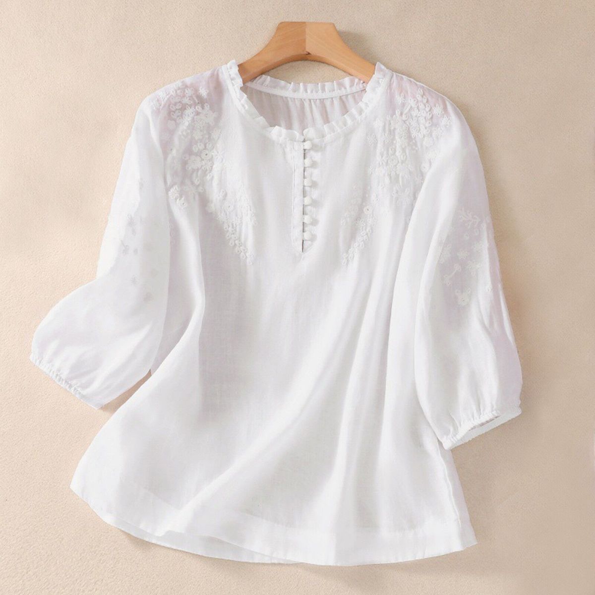 Women's Clothing Summer New Large Size Literary Versatile Design Embroidered Three Quarter Sleeve Shirt Women's Solid Color Cotton And Linen Top_ecoleips.com