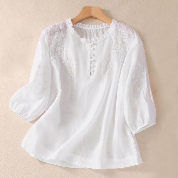 Women's Clothing Summer New Large Size Literary Versatile Design Embroidered Three Quarter Sleeve Shirt Women's Solid Color Cotton And Linen Top_ecoleips.com