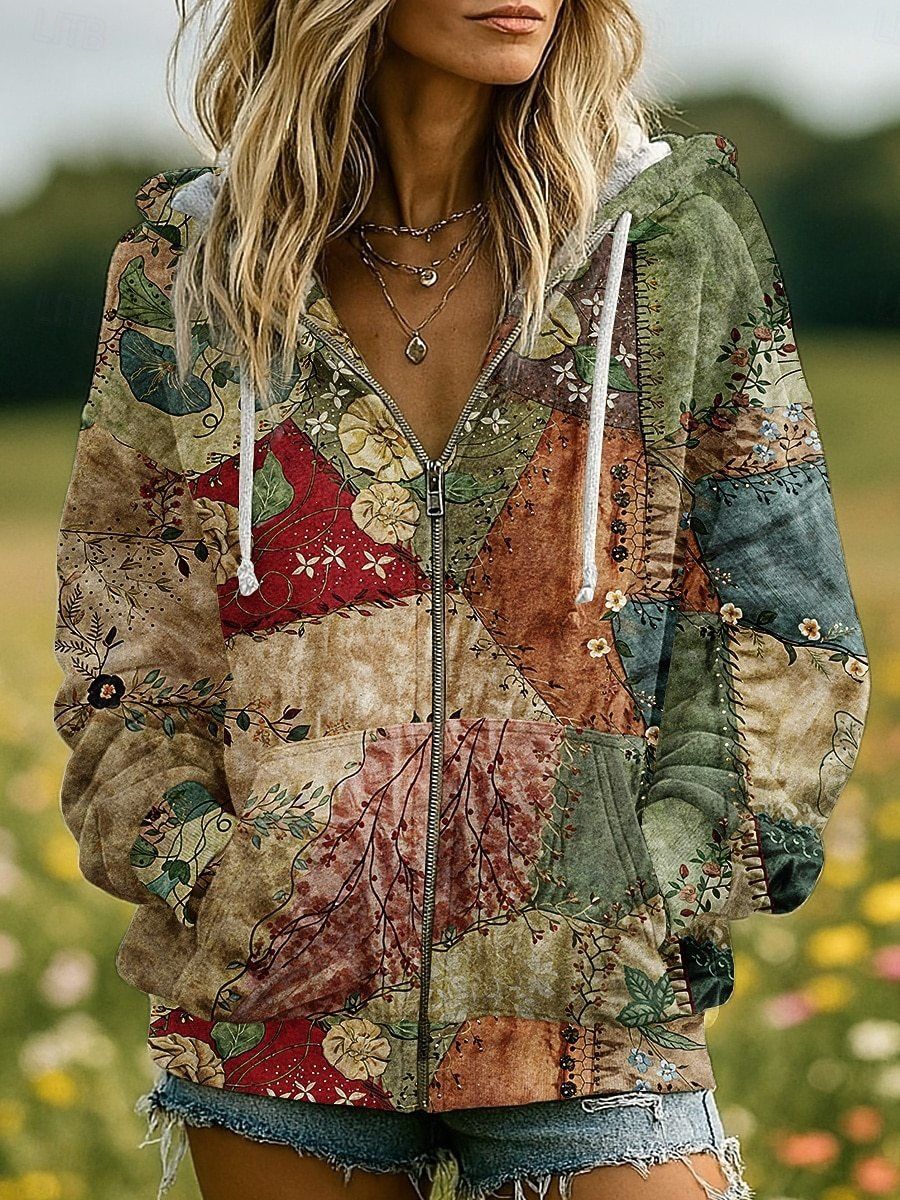 plus Size Women's Hooded Jacket Autumn/Winter New Arrival Zipper Pocket Printed Cardigan Sweatshirt European American Style_ecoleips.com