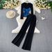 Stylish Chic Two-Piece Denim Long Sleeve T-Shirt With High-Waist Flare Pants Set - Slimming & Trendy Outfit For Women (White/Black, M-3xl)_ecoleips.com