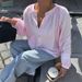 Women's French Striped Puff Sleeve Blouse – Relaxed Fit Stand Collar Shirt, Breathable & Stylish For Spring/Summer_ecoleips.com