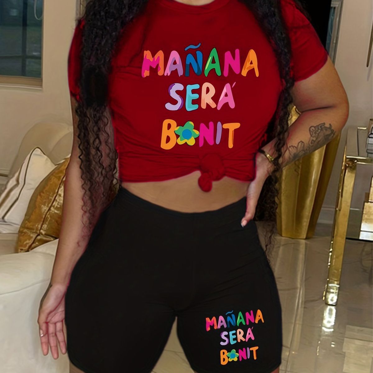 Summer Women's Casual Fashion MANANA Letter Printed Loose T-shirt Shorts Two-piece Set Summer Sportswear Suitable For Daily Wear-177_ecoleips.com