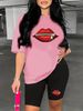 Summer Women's Casual Fashion Zipper Red Lip Print Loose T-shirt+shorts Two-piece Sportswear Suitable For Daily Wear-78_ecoleips.com