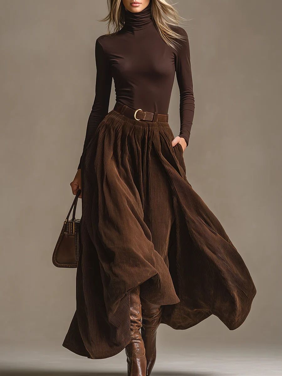 Retro Corduroy Skirt Set – High-Waisted Flared Midi Skirt & Solid Top (S-XXL, Coffee Brown)_ecoleips.com