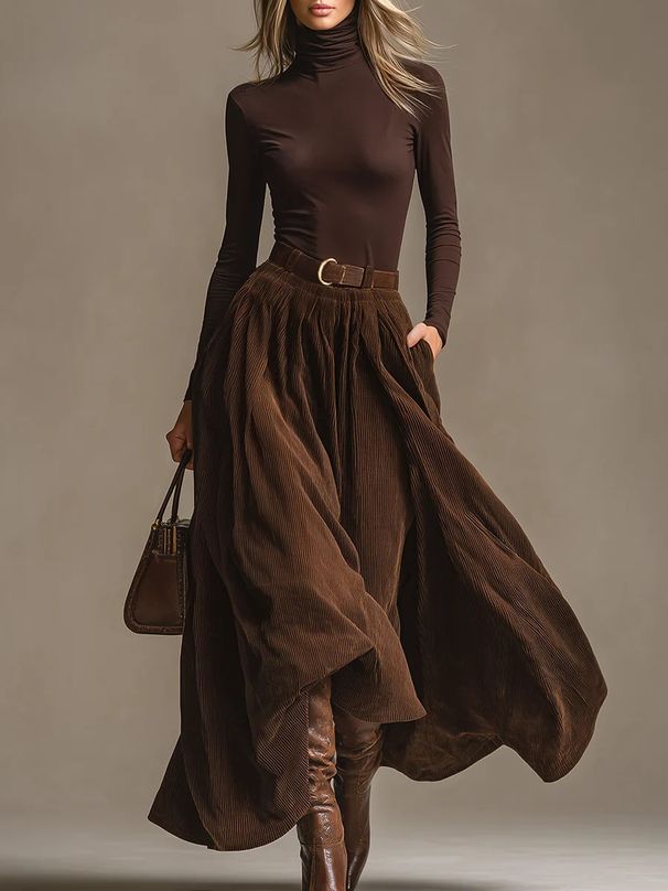 Retro Corduroy Skirt Set – High-Waisted Flared Midi Skirt & Solid Top (S-XXL, Coffee Brown)_ecoleips.com