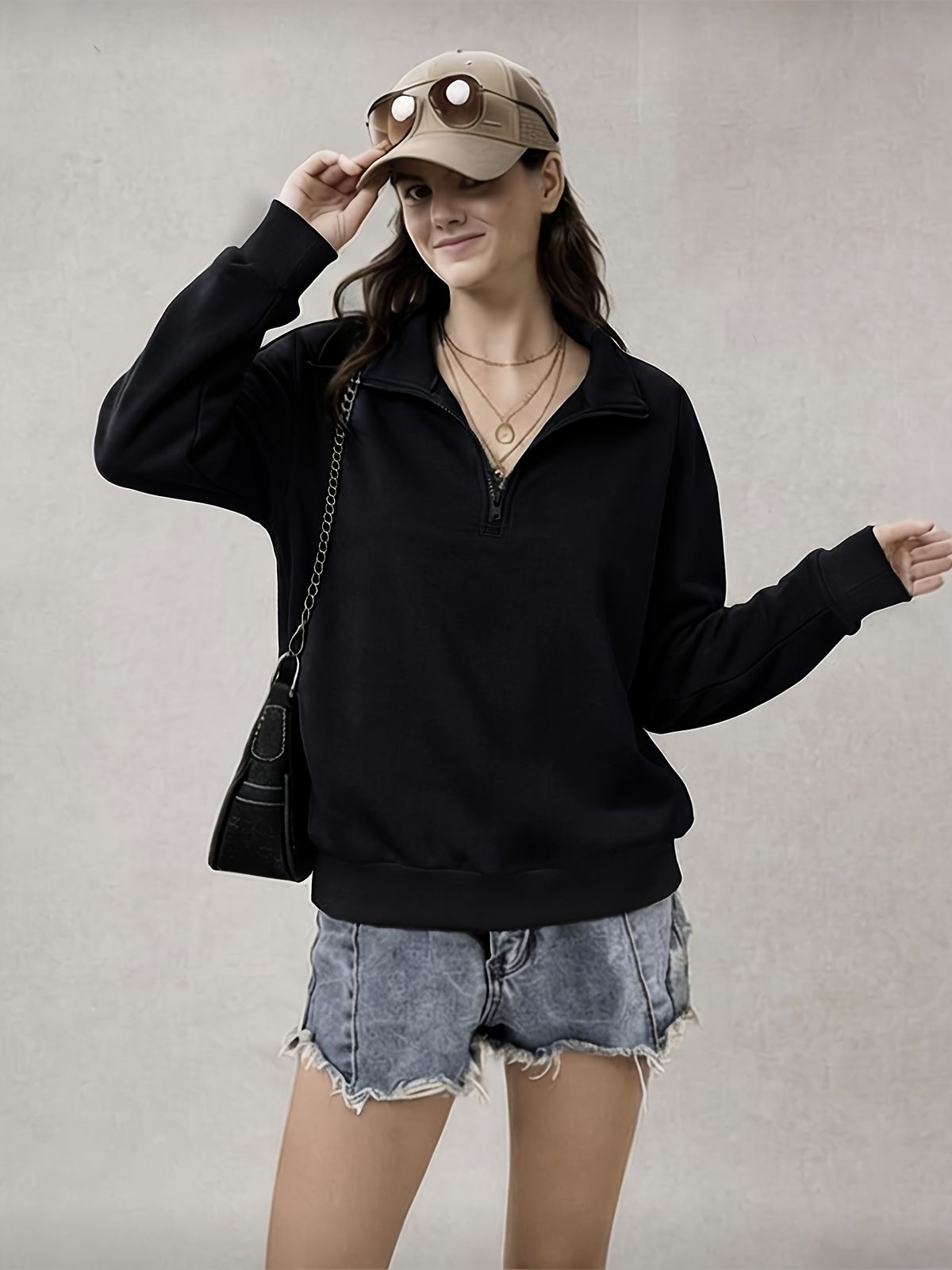 Black Semi-high Neck Half-zip Thick Sweatshirt For Women Winter Style Pullover Casual Top._ecoleips.com