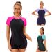 Women's Color-Block One-Piece Swimsuit Short Sleeve Conservative Tight Fit UPF Protection Flat Angle Zipper_ecoleips.com