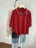 Women's Short Sleeve Top With Peter Pan Collar Color Block Half Zip Cropped Fit Fashion Tee_ecoleips.com