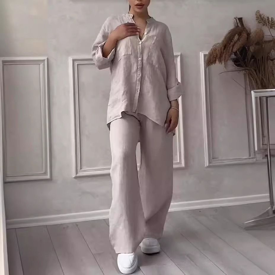 Women's Casual Cotton Linen Shirt Wide Leg Pants Set Solid Color Drawstring_ecoleips.com